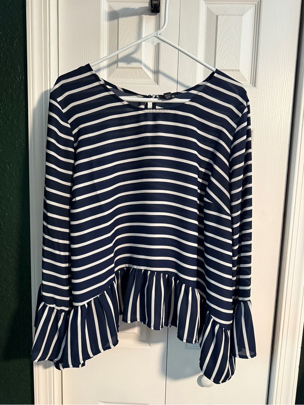 a.n.a Navy and White Striped Ruffle-Hem Blouse